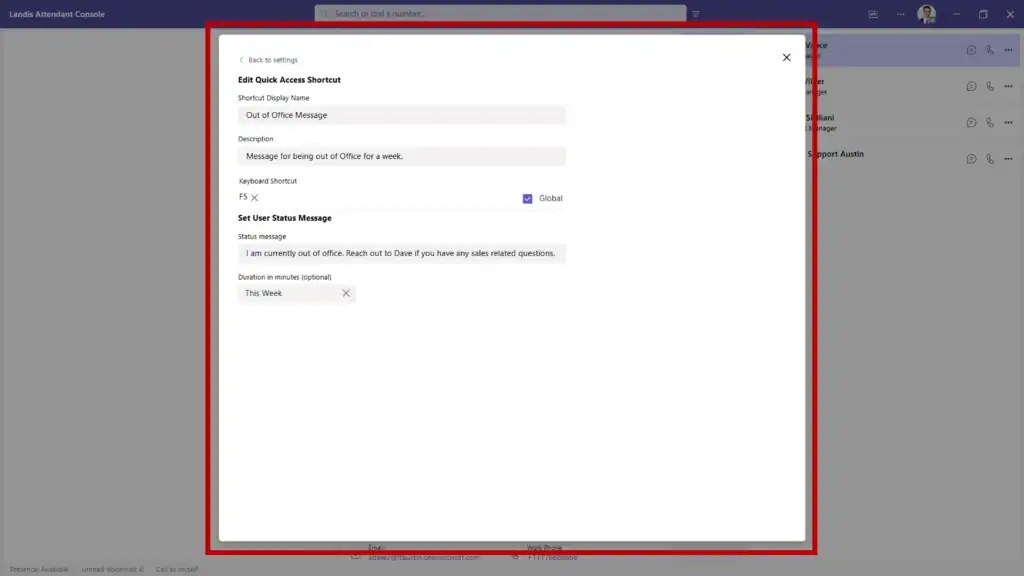 settings to edit quick access shortcut to change Teams status