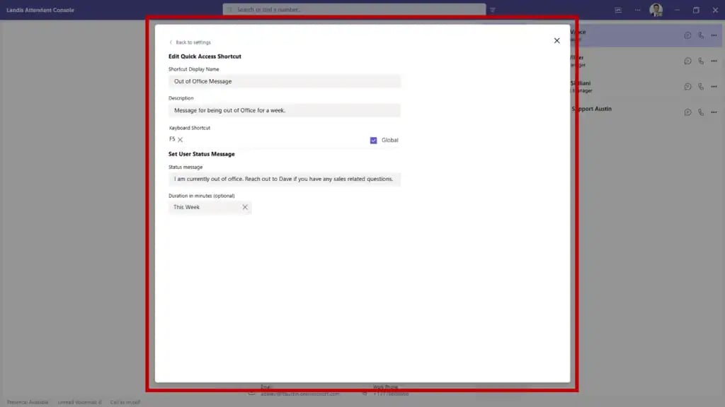 settings to edit quick access shortcut to change Teams status