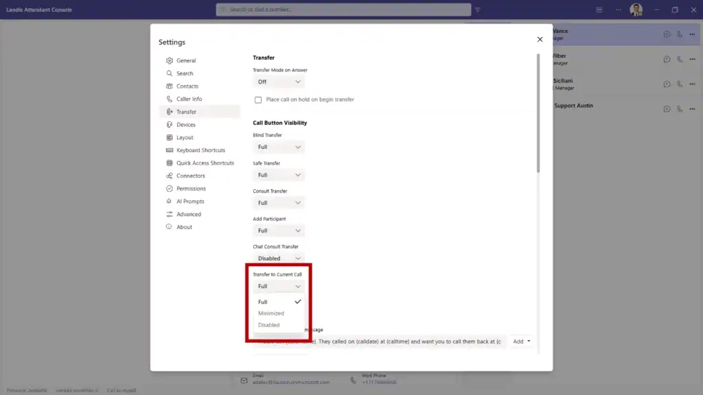 visibility settings for transfer to current call button