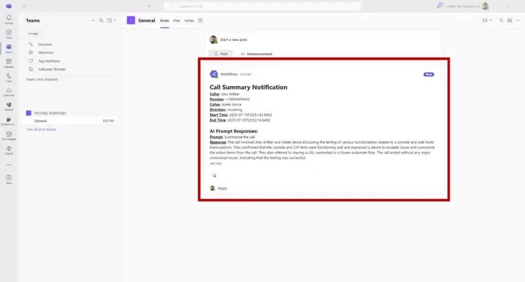 call info sent to a teams channel from attendant console webhook